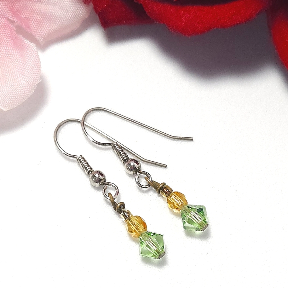 Vintage Handmade Yellow & Green Crystal Dangle Earrings